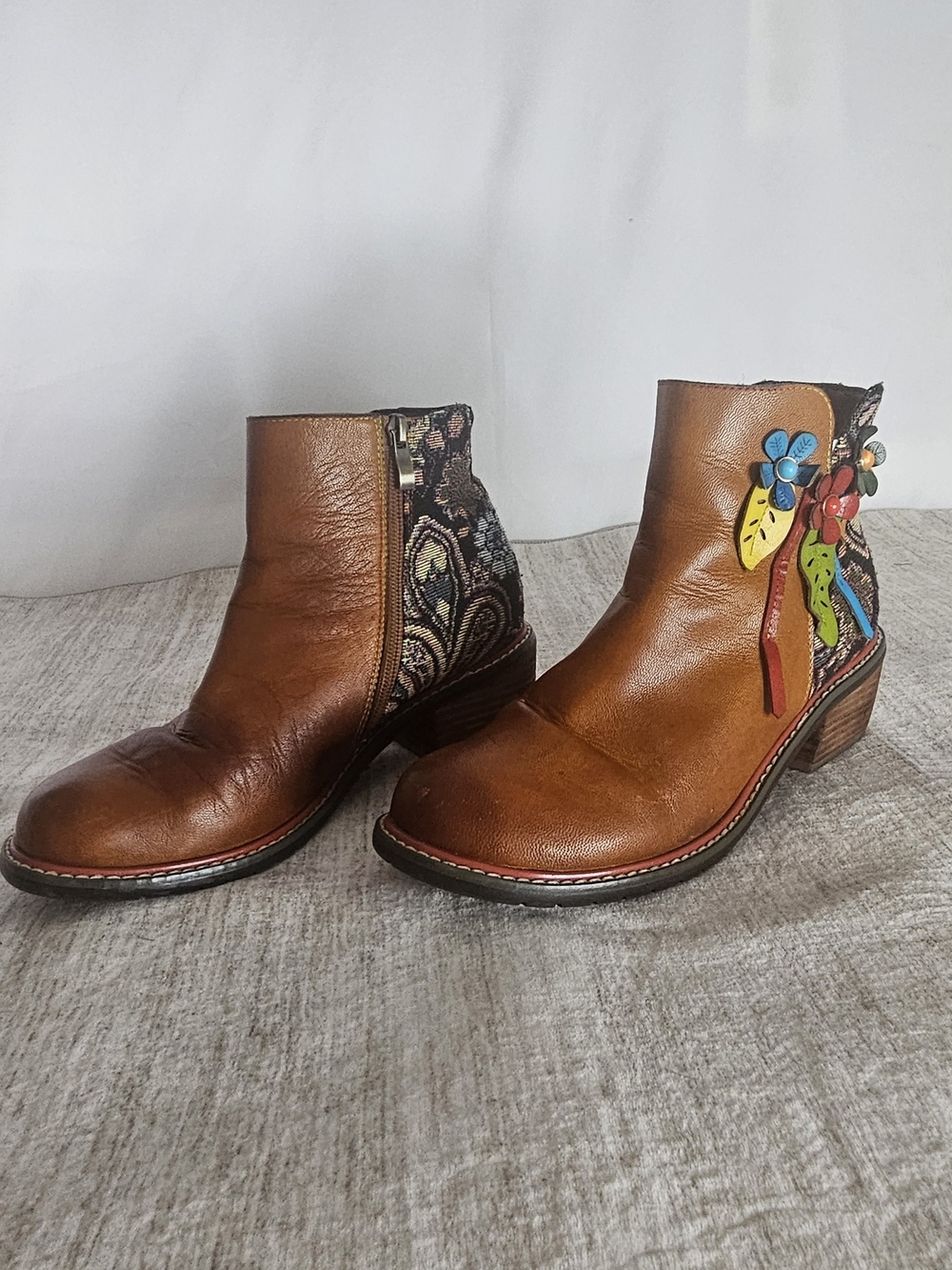 Brown Leather Ankle Boots with Floral Accent